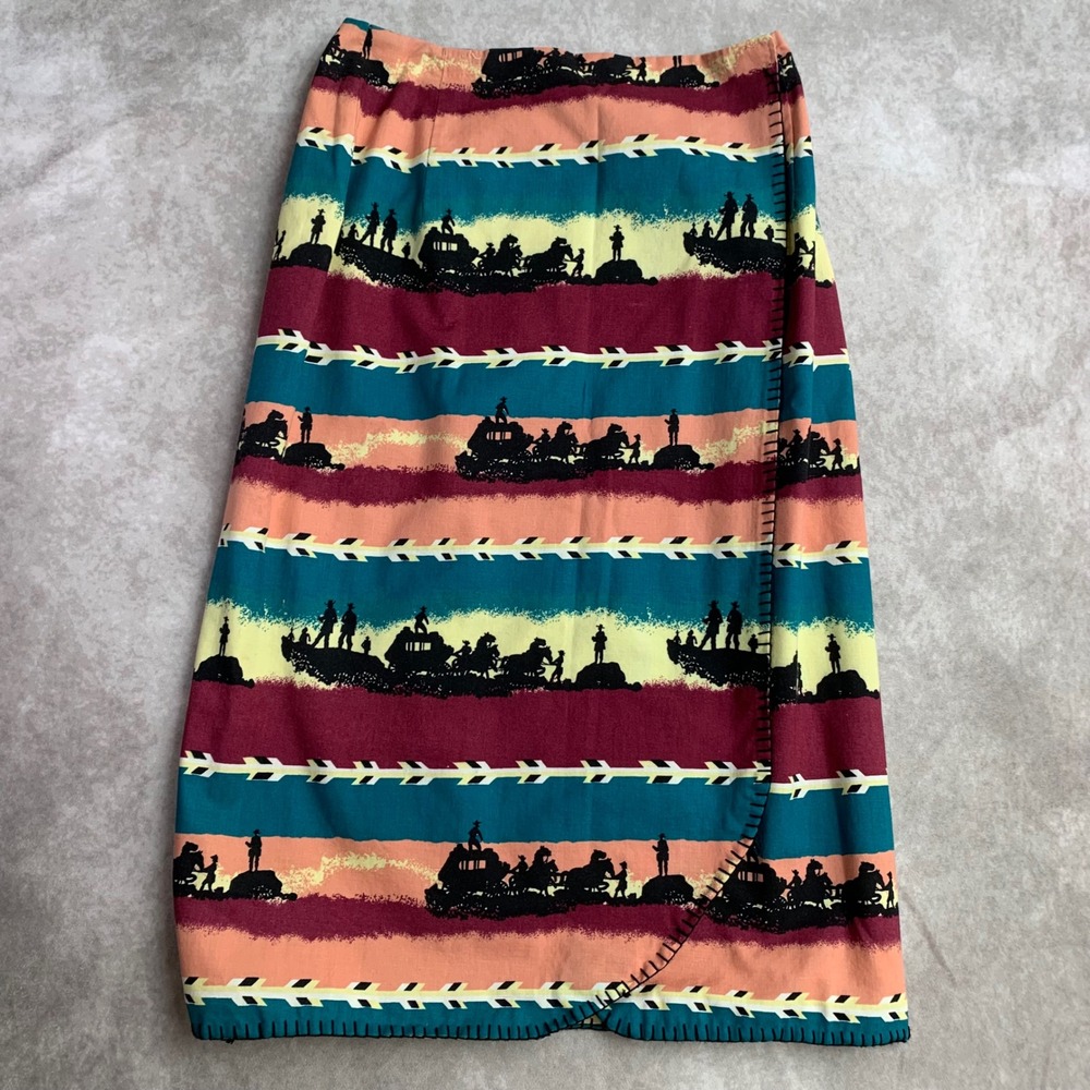 Vintage Western Stagecoach Wrap Midi Skirt Teal Burgundy Blanket Stitch Trim S‎
